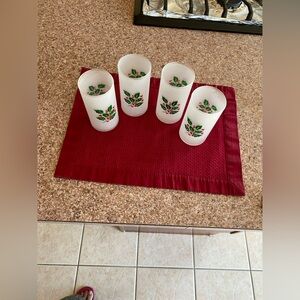 Holiday Frosted Glass Tumbler Set - White with Green & Red Holly x 4